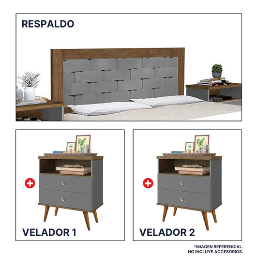 PH | Respaldo + 2 Veladores Dreams 2 Plazas Treliza Gris